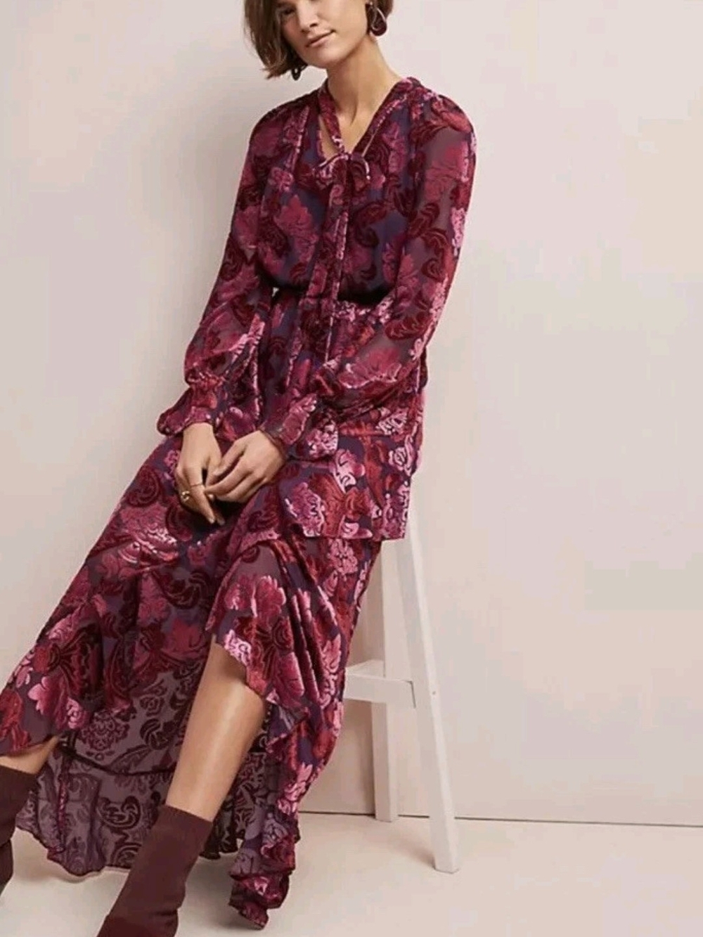 Monique Lhuillier Berry Floral Tie-Neck Maxi Dress